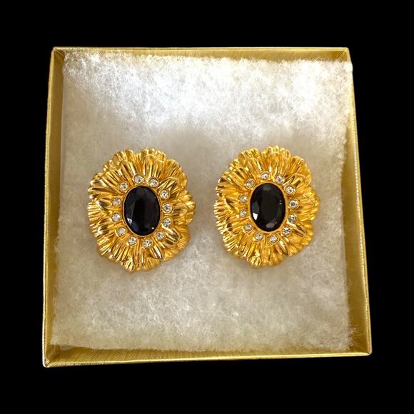 Vintage Kenneth Jay Lane Avon Sunflower Earrings Clip Signed Black Gold KJL - Picture 9 of 10
